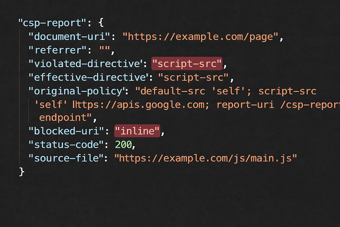 A sample CSP violation report showing an inline script being blocked.