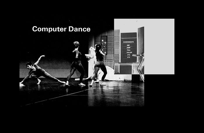 Picture of the Computer Dance performance that happened during the exhibition Cybernetic Serendipity in London, 1968.