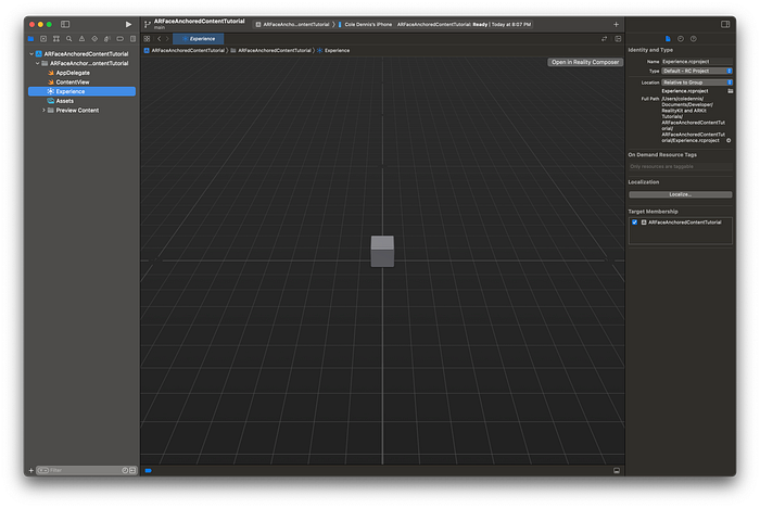 A screenshot of XCode showing the Experience.rcproject file.