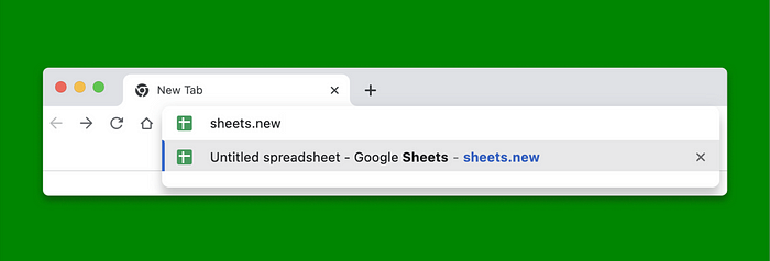 Screen shot of creating a new Google Spreadsheet with the URL “sheets.new”