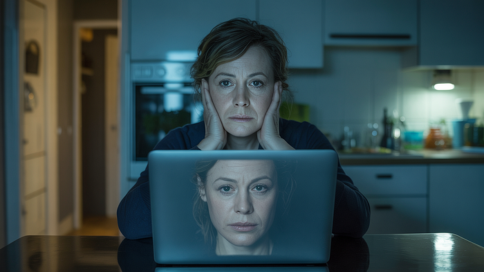 Image 3: A woman stares at a laptop screen in a darkened kitchen. Her reflection appears on the screen — slightly younger, subtly wrong.