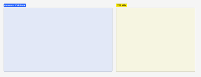 Two sections sit next to each other. the left is blue with a heading “workshop area”, the right is yellow with a heading “Test Area”