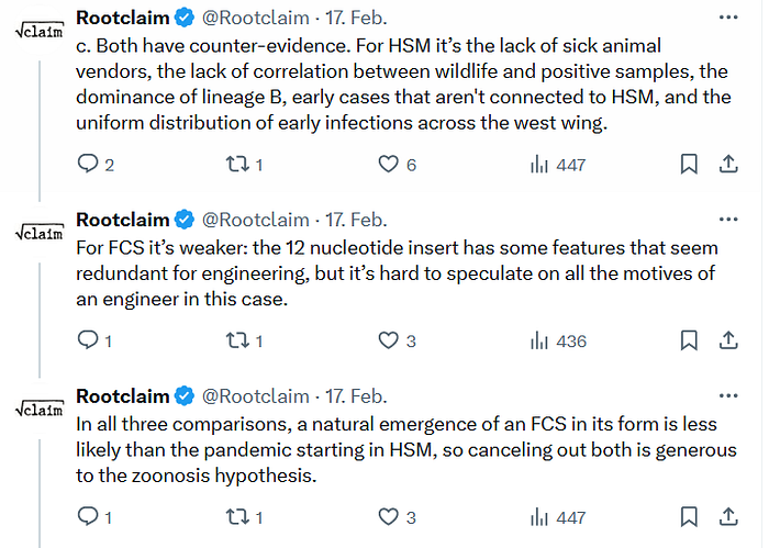 Rootclaim (Saar Wilf) believes that scientific evidence can be “canceled” out with “counter-evidence”; meaning that because the Huanan market evidence leans zoonosis, he can take the FCS evidence (which leans lab leak for him) and just “cancel” them out against each other so they would not influence his probabilistic inference calculation. Absurd.