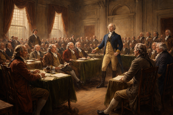 Oil-style historical painting depicting American Founding Fathers gathered in a large colonial hall during the Continental Congress of 1775, with George Washington standing and addressing seated delegates around wooden tables covered in documents and quills.