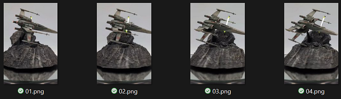 Four screenshots extracted from a video, showing a detailed model of a Star Wars X-Wing fighter. These images are used to create a 3D point cloud with AI.