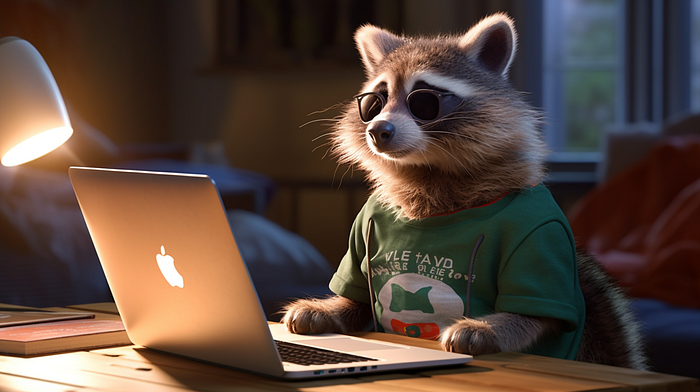 A raccoon in a green t-shirt wearing glasses while looking at a MacBook