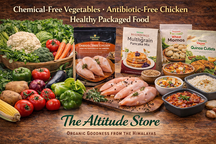 chemical free vegetables, antibiotic free chicken and healthy packaged food