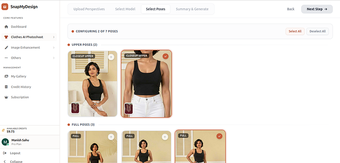 Step 2: Choosing AI model presets and poses in the SnapMyDesign e-commerce photoshoot interface