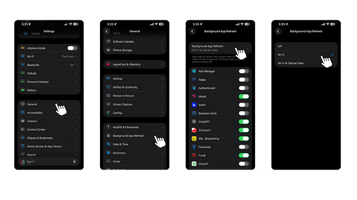 Screenshot of iPhone settings showing Background App Refresh set to Wi-Fi only to save battery life