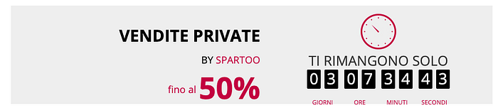 Banner di Vendite private Spartoo: sconto fino al 50% e timer di tempo rimasto per acquistare