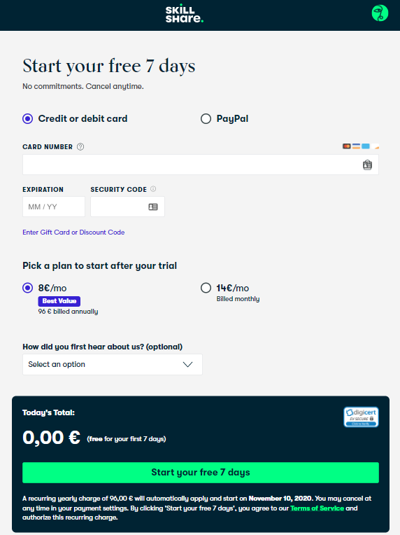 Screen Capture of Skillshare Payment Options