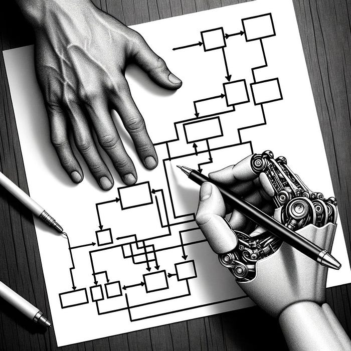 A human hand and a robotic hand create a flowchart together on a piece of paper.