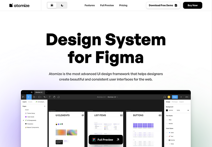 Landing page screenshot of Atomize design system