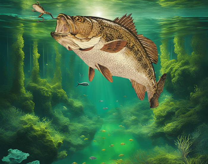The image shows a large fish attempting to eat a little frog.