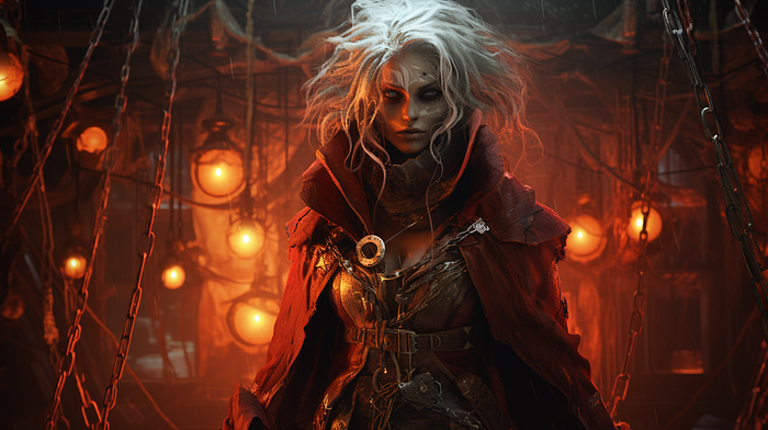 A woman with wild, white hair, illuminated by glowing orange lights.