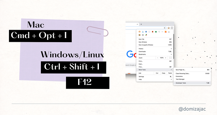 On the left there are shortcuts to open Chrome DevTools: cmd+opt+i on Mac and Ctrl+Shift+I/F12 on Windows. On the right opened browser menu with selected More Tools > Developer Tools options