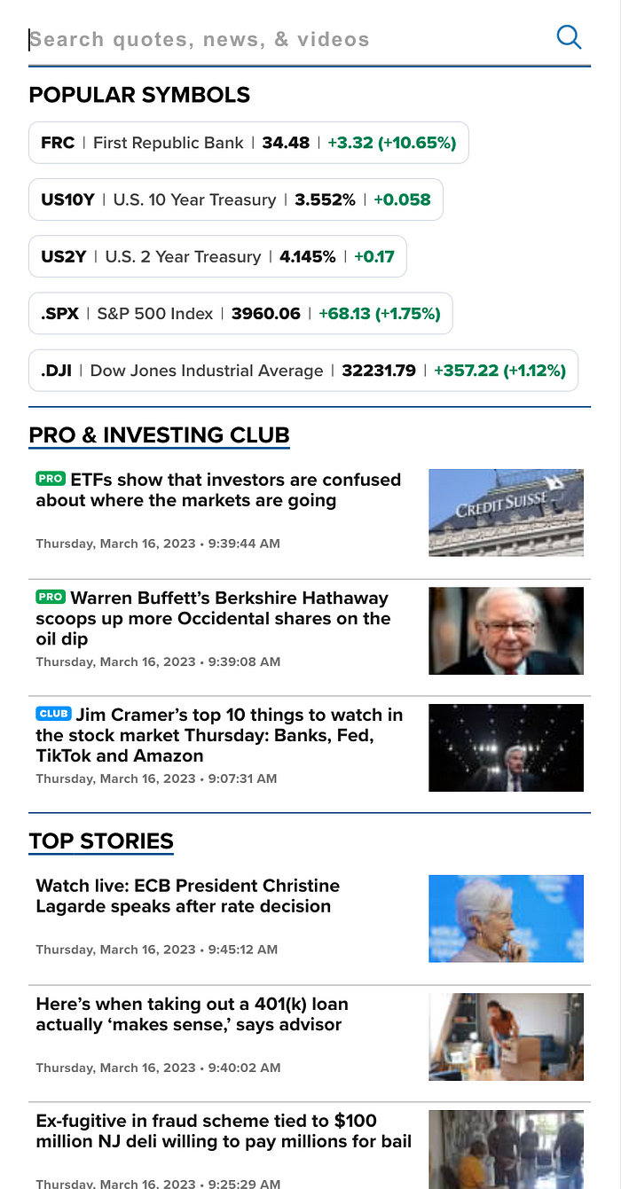 A screenshot of CNBC’s search bar open with a dropdown that includes sections of news titled “POPULAR SYMBOLS”, “PRO & INVESTING CLUB”, and “TOP STORIES”.