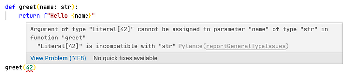 Type hint via warning message in VS Code by Pylance