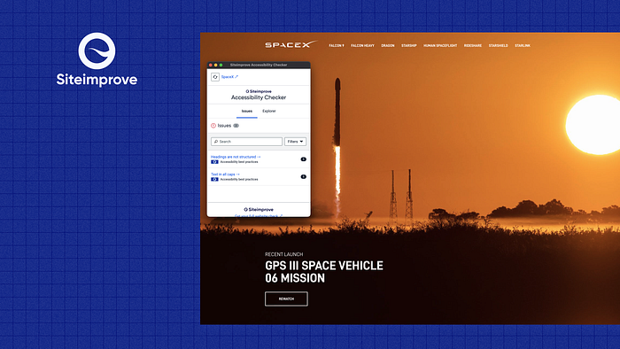 A screenshot of the Siteimprove evaluation browser extension in use, evaluating the homepage of the SpaceX website.