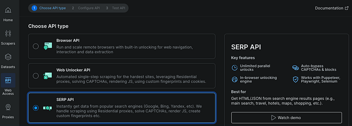 Configuring a Bright Data SERP API for a Python demo, with Light JSON selected to return the top organic search results