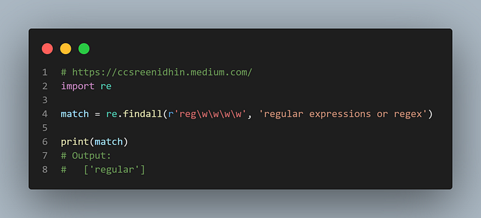 Regular expression example for ‘\w’ character