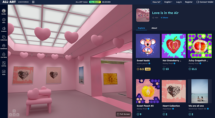 A snapshot of a virtual NFT exhibition “Love is in the Air” on SolSea