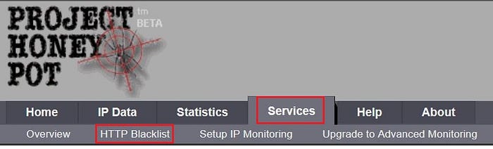 The Project Honey Pot website. Go to Services — HTTP Blacklist
