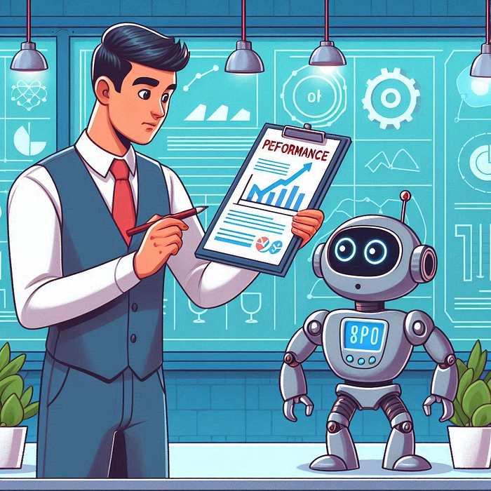 Cartoon image of a person evaluating a robot