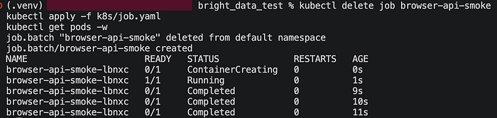 The Kubernetes Job completed successfully, with the pod progressing from container creation to a completed batch run.