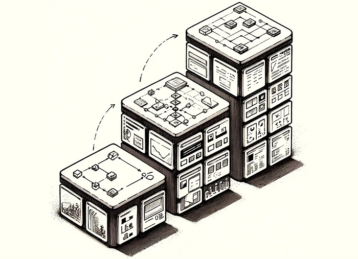 An image of 3 buildings with UI elements on each. The first building is small and simple, the second is taller and more complex with more elements, and the final building is tall with many more UI elements on it. This image represents a roadmap of adding additional capabilities over time.