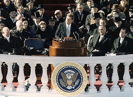 A picture of President Kennedy delivering his inaugural address.