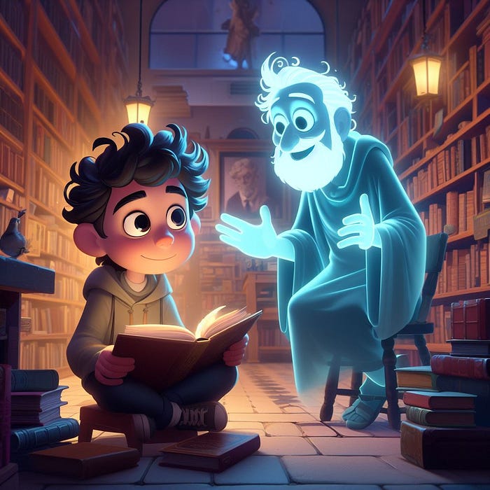 AI Image of a boy reading, while Seneca’s ghosts talks to him, Pixar movie art style