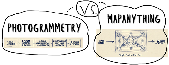 A diagram contrasting the 5-step photogrammetry process (acquisition, feature matching, bundle adjustment, dense matching, meshing) with MapAnything’s single end-to-end pass.