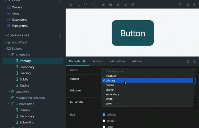 An animation showing how the Vouchsafe Storybook components work. I am changing the button settings in the bottom half (size, style, loading state) and the change is reflected in the preview window in the top half.
