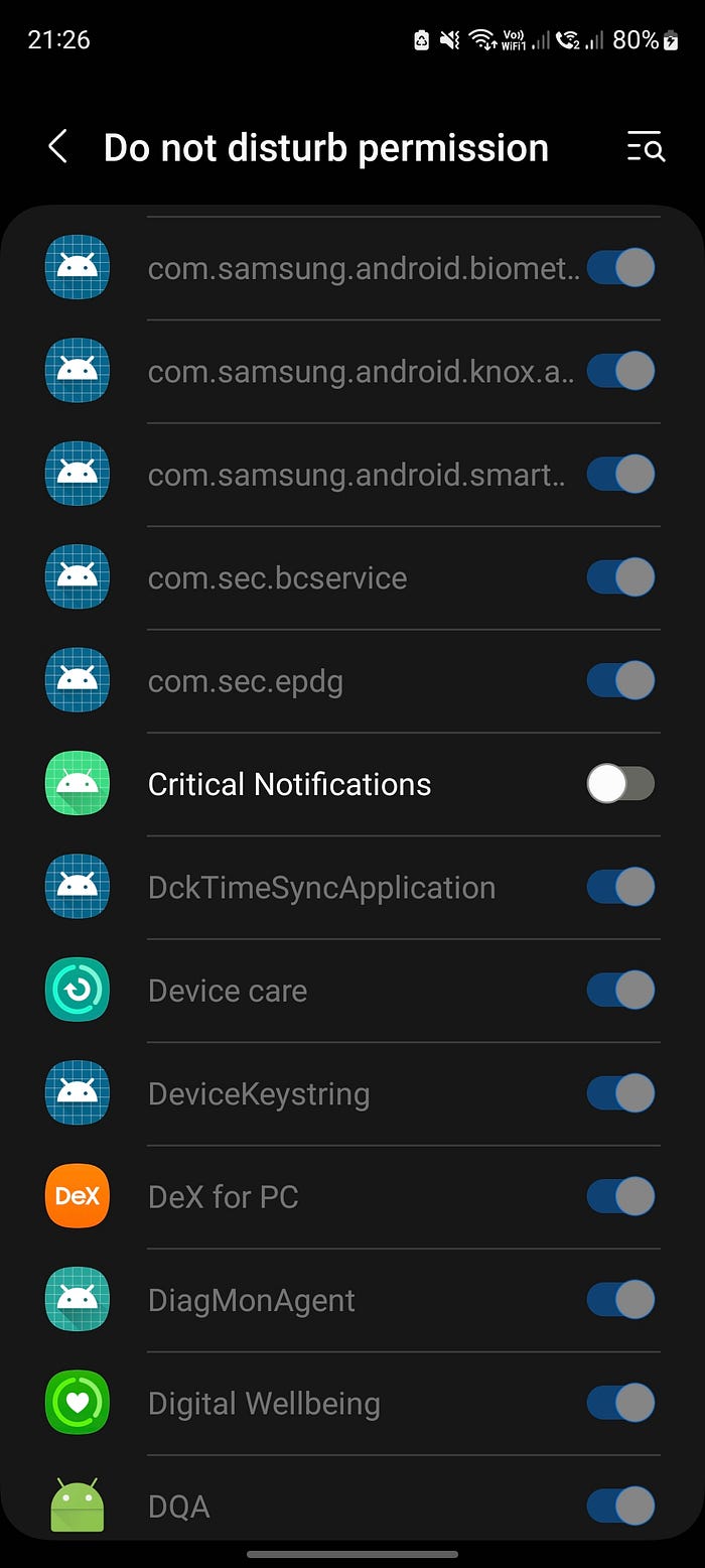 System settings screen which shows list of apps that requested Do not distrurb permission.