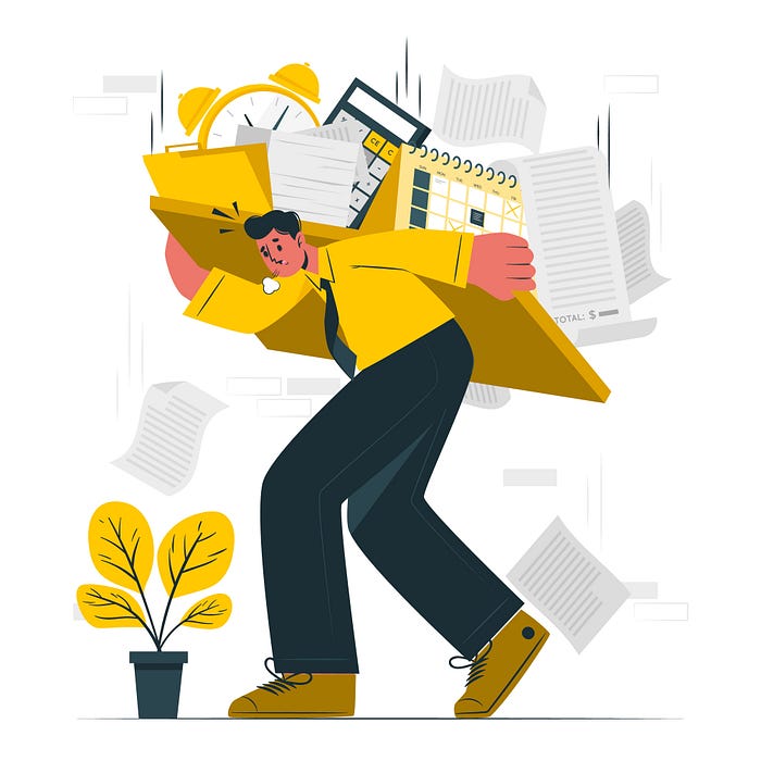 Employee overloaded by the amount of tasks, work, and items on his shoulders.
