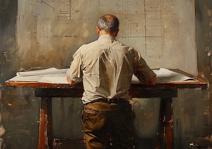Painting in classical style, view from behind of an engineer working on his blueprint on a table.