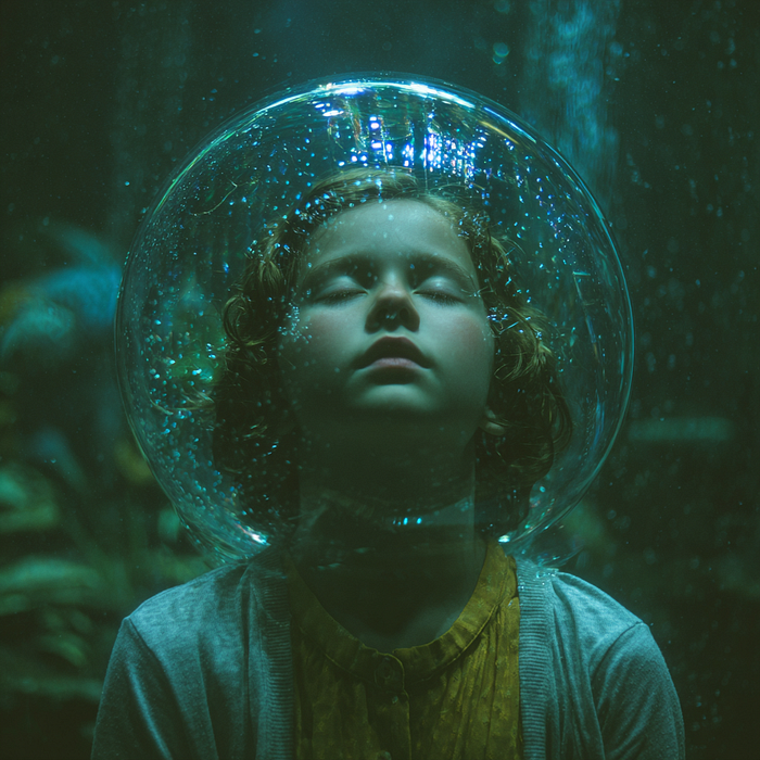 An entranced little girl enclosed in a big aquarium bubble, with her eyes closed as if in meditation.