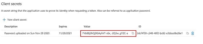 Seeing client secret value in Azure Active Directory App registration — Cloudatica example