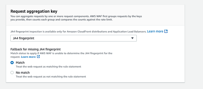 A partial screenshot of an AWS WAF rule configuration screen, showing “JA4 fingerprint” a dropdown option for the aggregation key