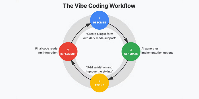 Diagram titled ‘The Vibe Coding Workflow’ showing a circular 4-step process: (1) Describe — e.g., ‘Create a login form with dark mode support’; (2) Generate — AI generates implementation options; (3) Refine — e.g., ‘Add validation and improve the styling’; (4) Implement — final code ready for integration.