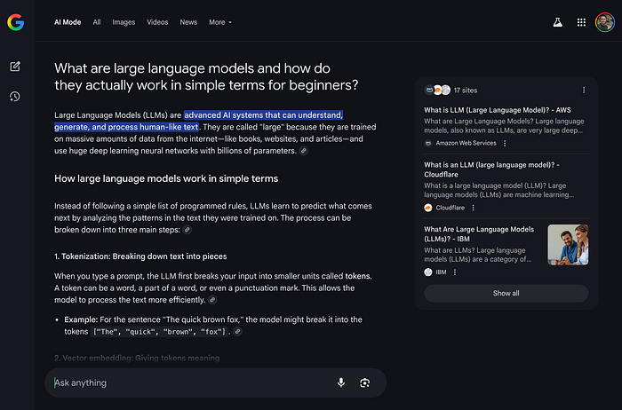 AI mode search result example. Image by Jim Clyde Monge