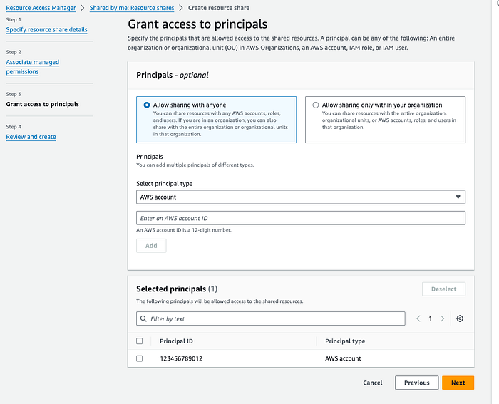 A screenshot from Resource Access Manager sharing the parameter — “Grant access to principals” section