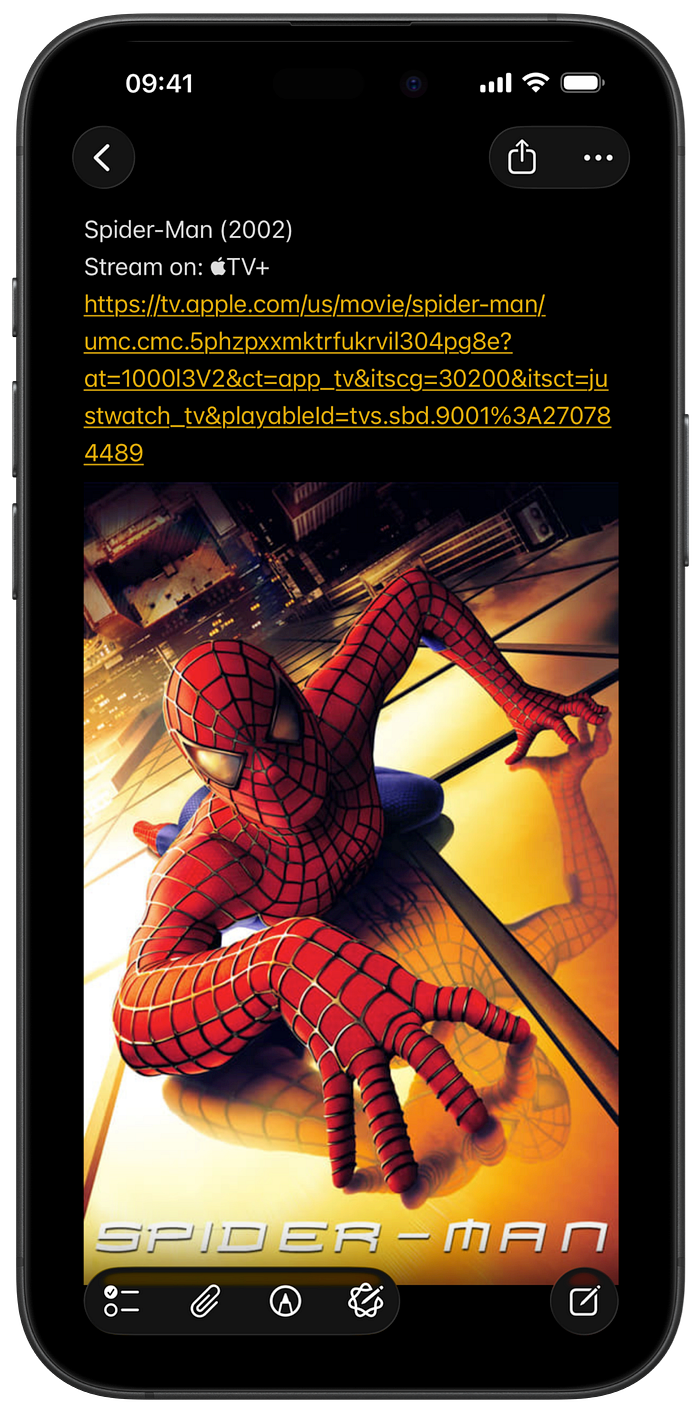 Apple Note containing a movie name, streaming service, and its poster