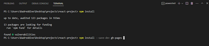 In the terminal, run npm install — save-dev gh-pages