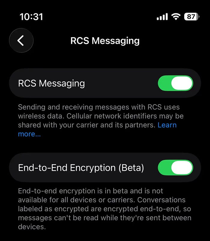 End-to-End Encryption toggle for RCS Messaging in iOS 26.4