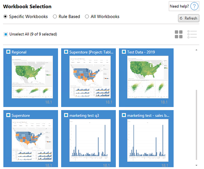 The UI for workbook migration displays 3 options to select from. These options are ‘All workbooks’, ‘Specified Workbooks’, and ‘Rule Based’. The UI also displays six workbooks selected, in the process of being migrated.