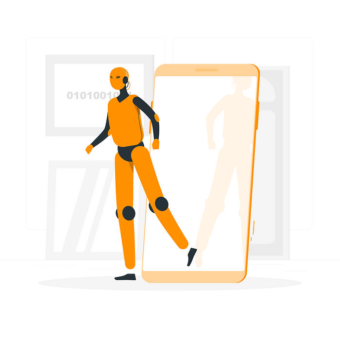 An illustration of a robot stepping out of a smartphone screen